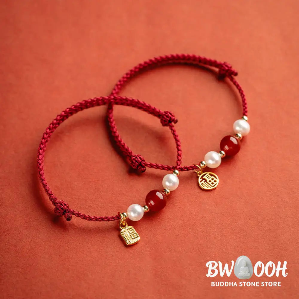 Buddha Stones 925 Sterling Silver Good Fortune Fu Character Agate Pearl Red String Braid Bracelet - Bracelet