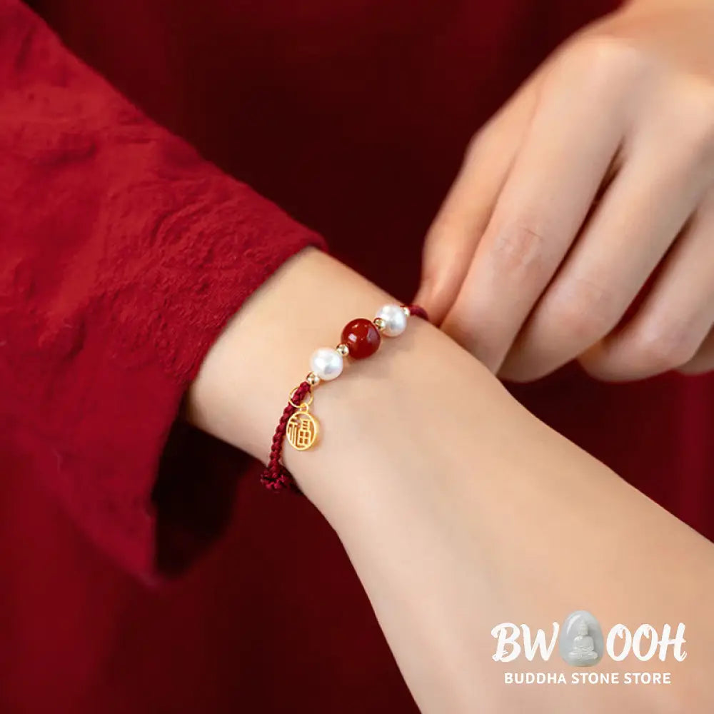 Buddha Stones 925 Sterling Silver Good Fortune Fu Character Agate Pearl Red String Braid Bracelet - Bracelet