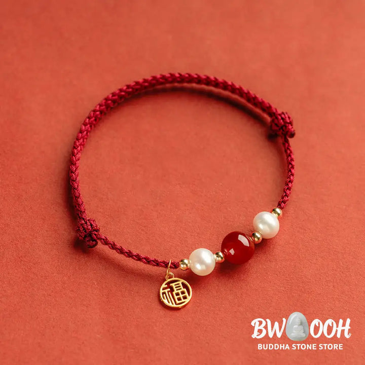 Buddha Stones 925 Sterling Silver Good Fortune Fu Character Agate Pearl Red String Braid Bracelet - Bracelet