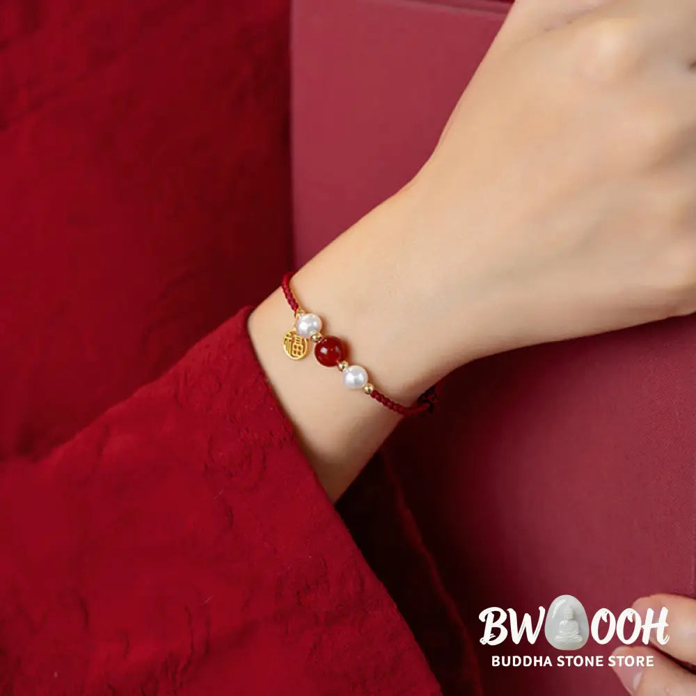 Buddha Stones 925 Sterling Silver Good Fortune Fu Character Agate Pearl Red String Braid Bracelet - Bracelet