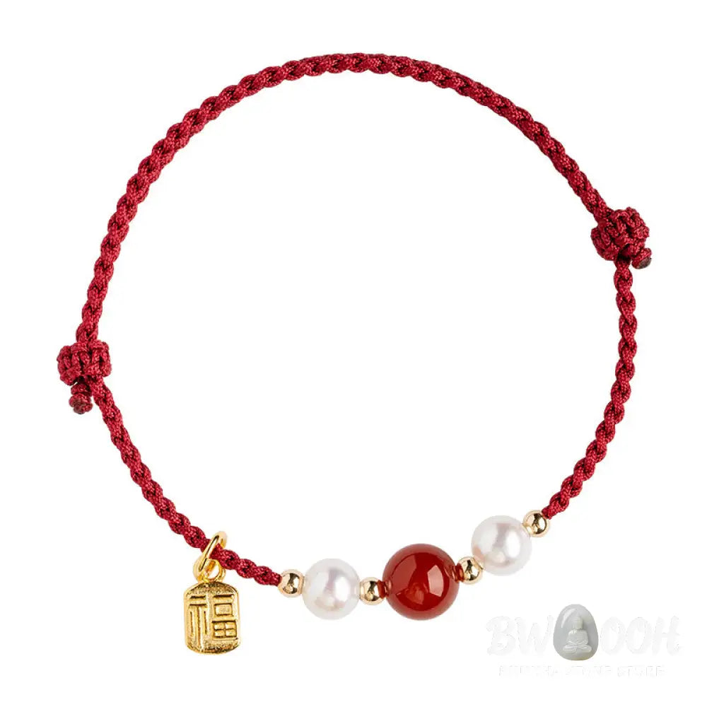 Buddha Stones 925 Sterling Silver Good Fortune Fu Character Agate Pearl Red String Braid Bracelet - Bracelet