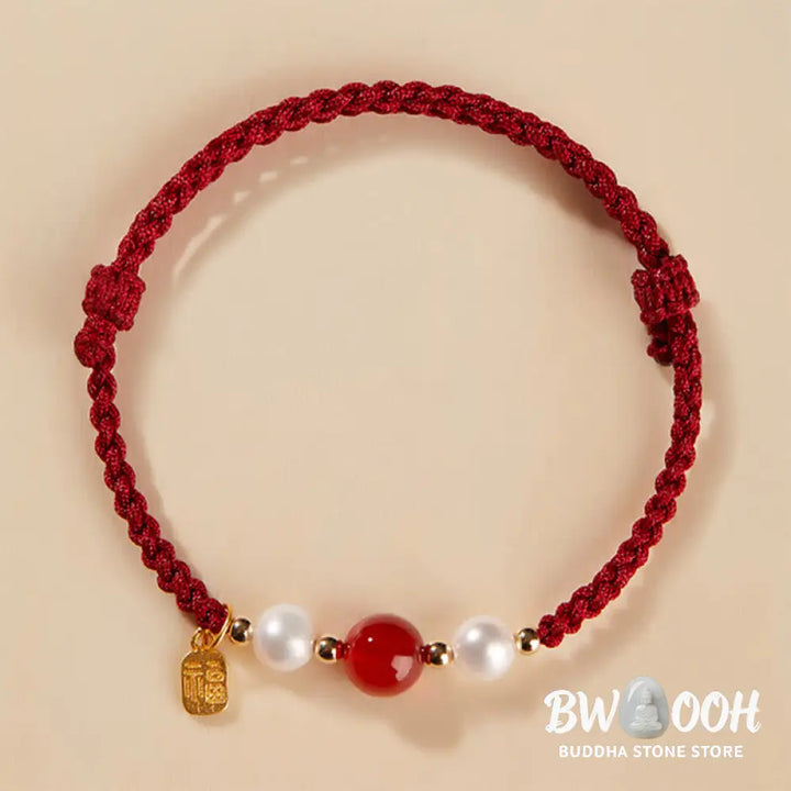 Buddha Stones 925 Sterling Silver Good Fortune Fu Character Agate Pearl Red String Braid Bracelet - Bracelet