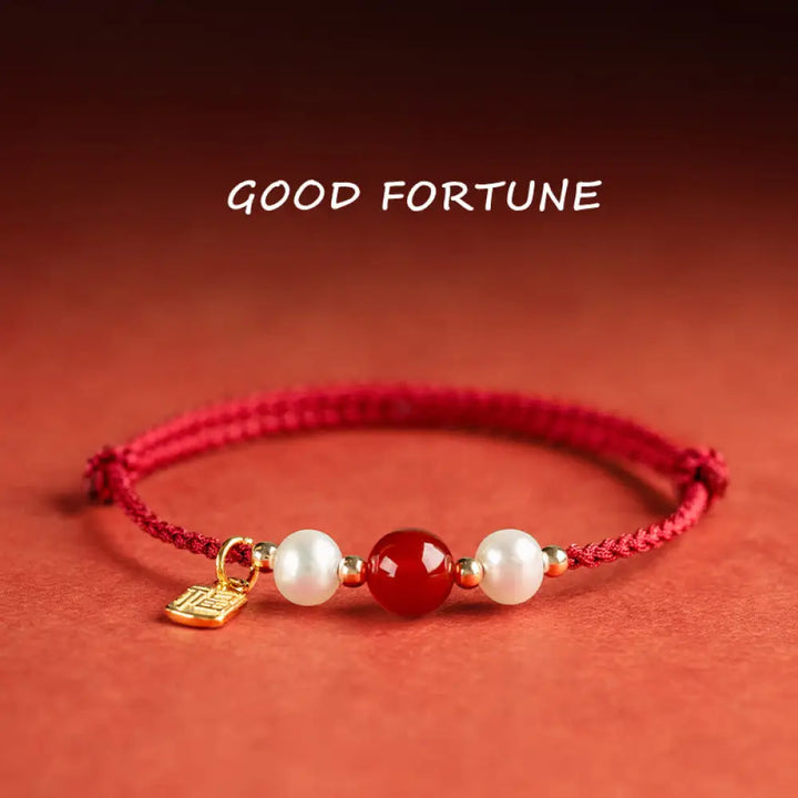 Buddha Stones 925 Sterling Silver Good Fortune Fu Character Agate Pearl Red String Braid Bracelet - Fu Character-925