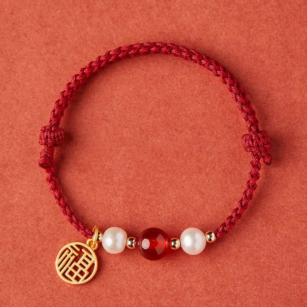 Buddha Stones 925 Sterling Silver Good Fortune Fu Character Agate Pearl Red String Braid Bracelet - Fu Character-925