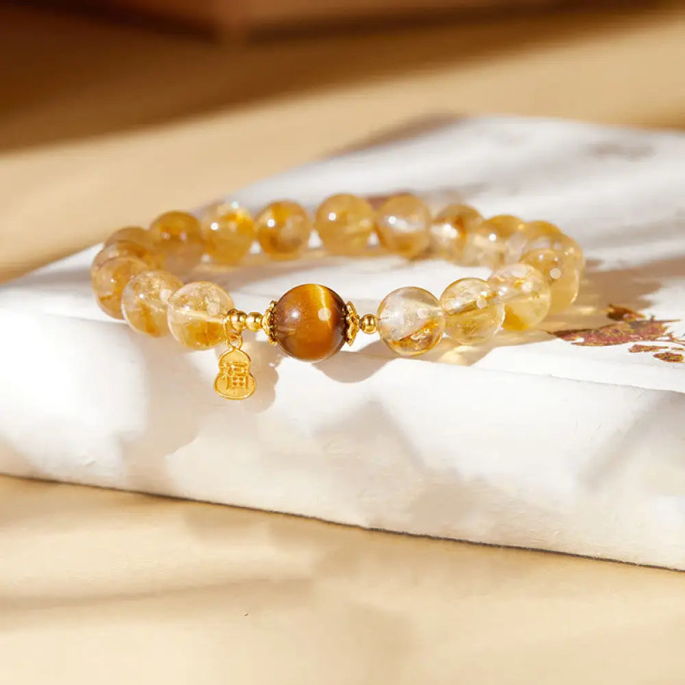 Buddha Stones 925 Sterling Silver Gourd Fu Character Citrine Tiger Eye Prosperity Bracelet - Citrine (Wrist