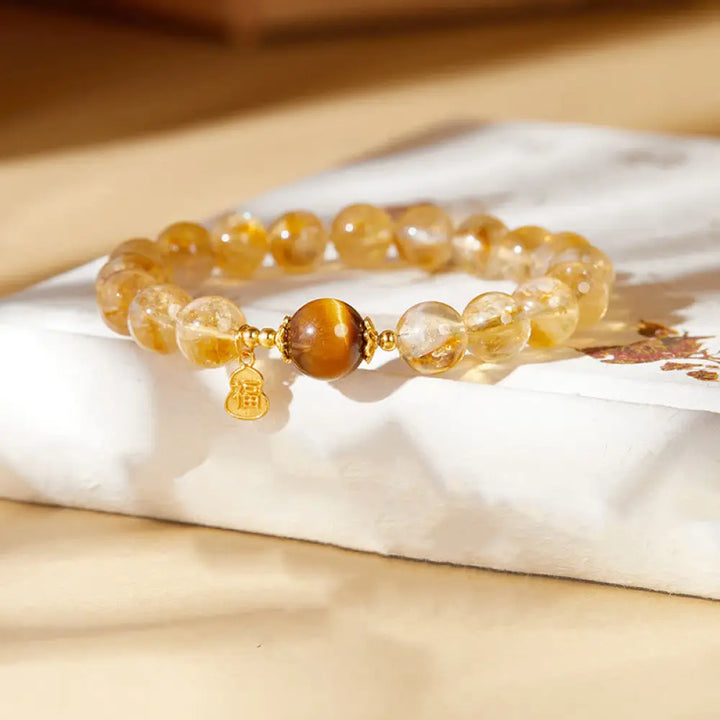 Buddha Stones 925 Sterling Silver Gourd Fu Character Citrine Tiger Eye Prosperity Bracelet - Citrine (Wrist