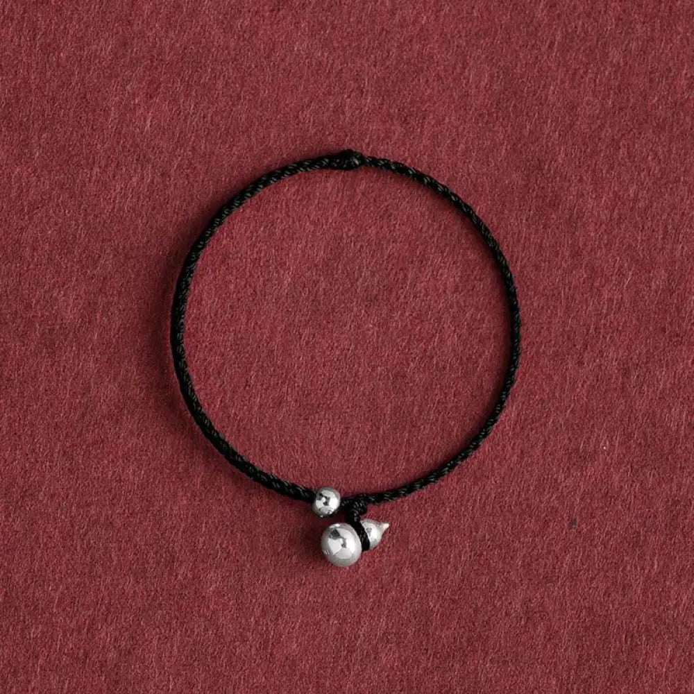 Buddha Stones 925 Sterling Silver Gourd Lucky Fortune Charm String Connection Bracelet - Gourd Black Rope / 13-17cm