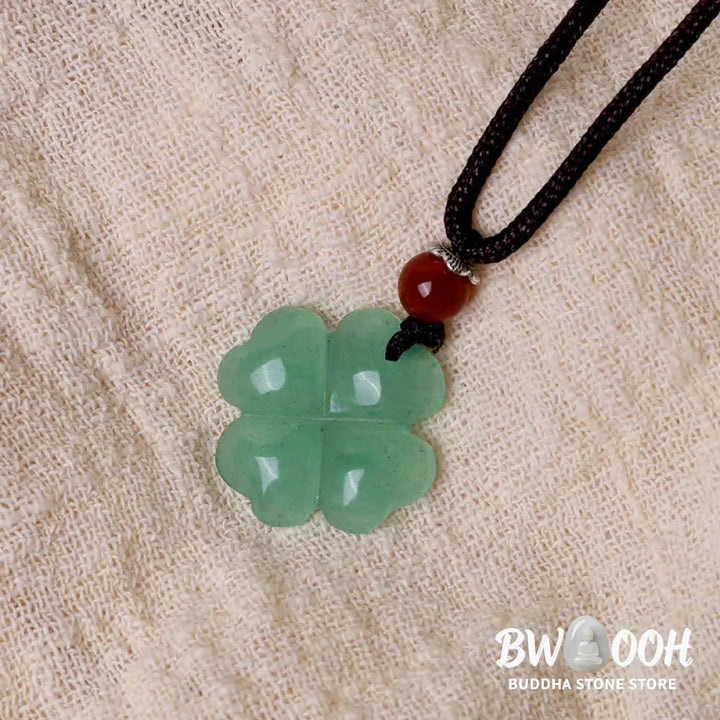 Buddha Stones 925 Sterling Silver Green Aventurine Four Leaf Clover Luck Leather Rope Necklace Pendant - BWOOOH