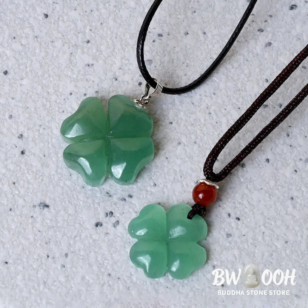 Buddha Stones 925 Sterling Silver Green Aventurine Four Leaf Clover Luck Leather Rope Necklace Pendant - BWOOOH
