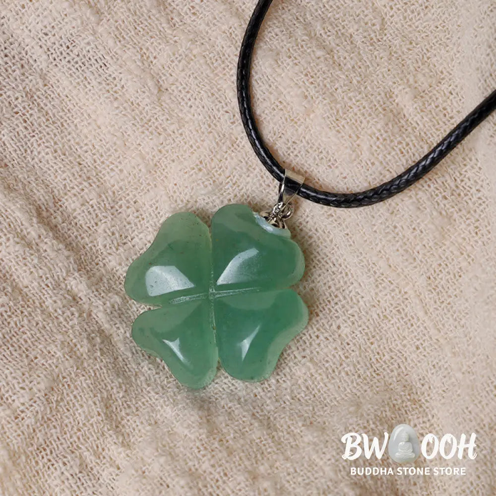 Buddha Stones 925 Sterling Silver Green Aventurine Four Leaf Clover Luck Leather Rope Necklace Pendant - BWOOOH