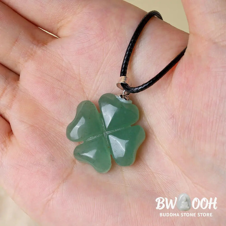 Buddha Stones 925 Sterling Silver Green Aventurine Four Leaf Clover Luck Leather Rope Necklace Pendant - BWOOOH