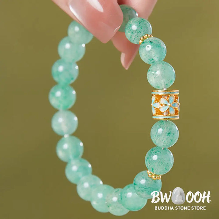 Buddha Stones 925 Sterling Silver Green Strawberry Quartz Flower Calm Bracelet - BWOOOH - Green Strawberry Quartz(Wrist