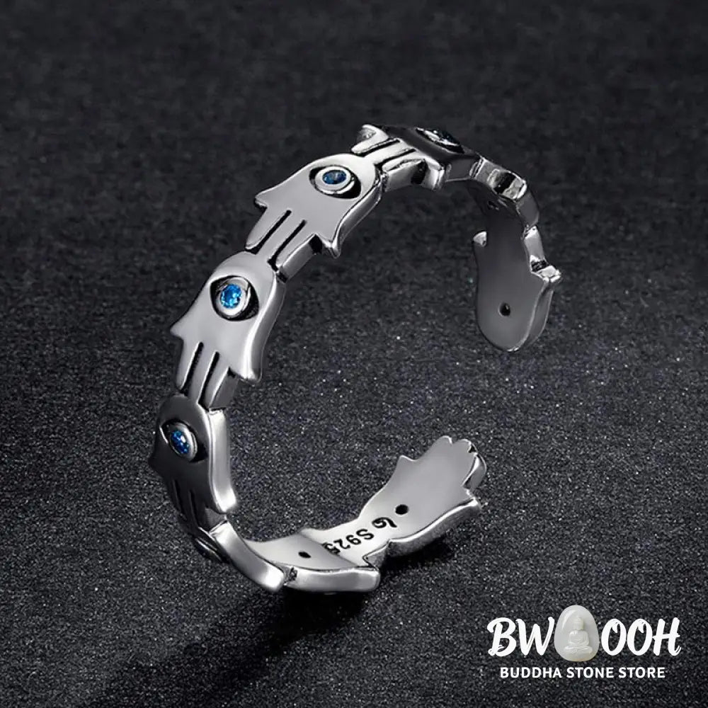 Buddha Stones 925 Sterling Silver Hamsa Symbol Zircon Adjustable Ring - BWOOOH - HAMSA SYMBOL(Size: US7(Adjustable))