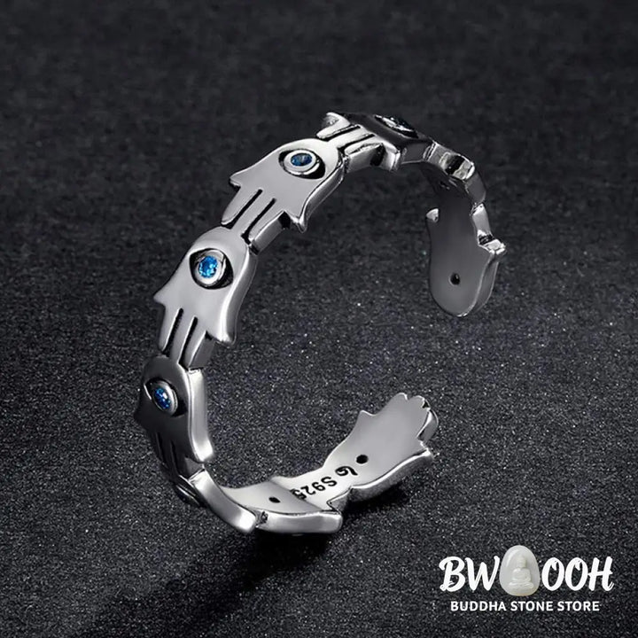Buddha Stones 925 Sterling Silver Hamsa Symbol Zircon Adjustable Ring - BWOOOH - HAMSA SYMBOL(Size: US7(Adjustable))