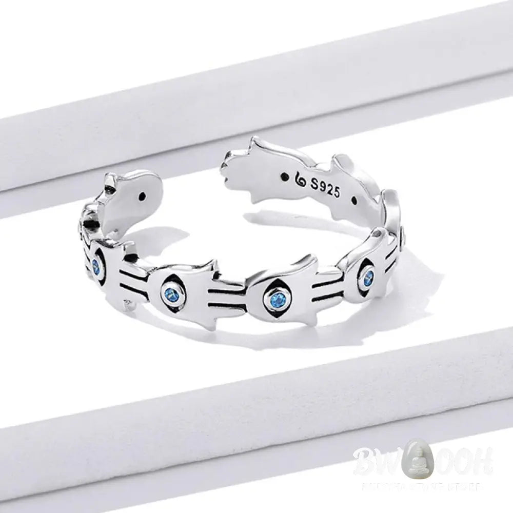 Buddha Stones 925 Sterling Silver Hamsa Symbol Zircon Adjustable Ring - BWOOOH - HAMSA SYMBOL(Size: US7(Adjustable))