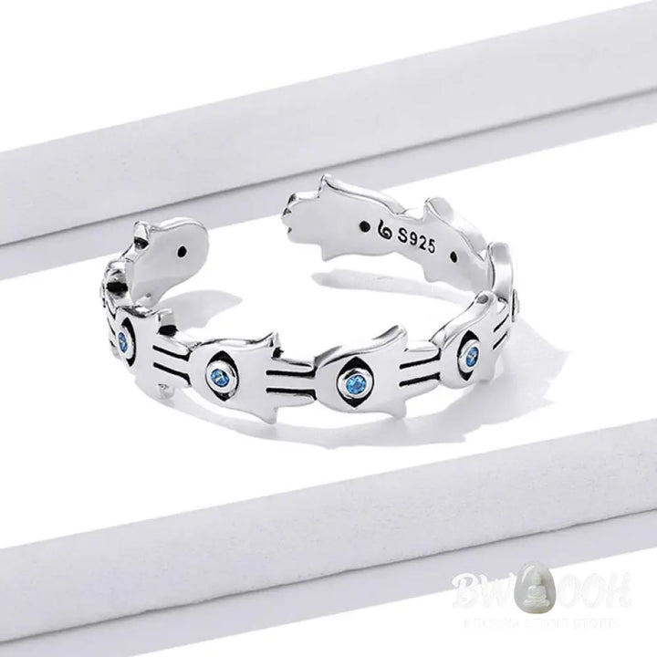 Buddha Stones 925 Sterling Silver Hamsa Symbol Zircon Adjustable Ring - BWOOOH - HAMSA SYMBOL(Size: US7(Adjustable))