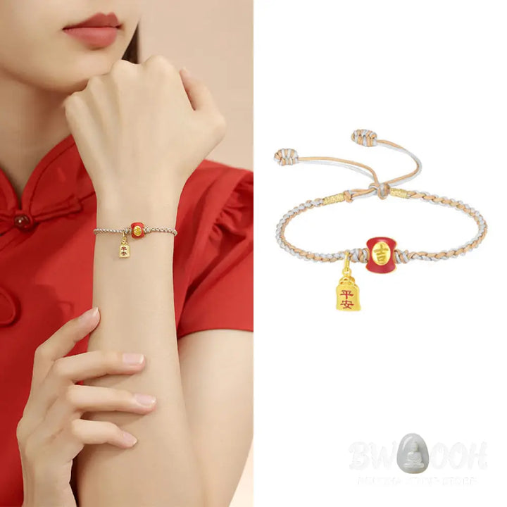 Buddha Stones 925 Sterling Silver Handmade Auspicious Chinese Character Blessing Braided String Bracelet - BWOOOH