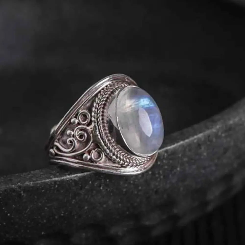 Buddha Stones 925 Sterling Silver Handmade Natural Moonstone Healing Adjustable Ring - Style Three US5-US15(Adjustable)