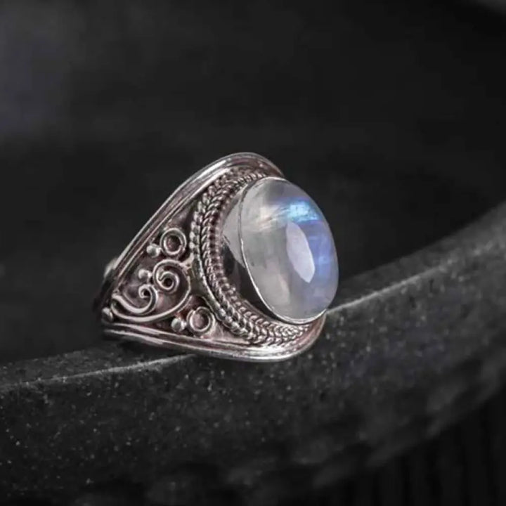 Buddha Stones 925 Sterling Silver Handmade Natural Moonstone Healing Adjustable Ring - Style Three US5-US15(Adjustable)