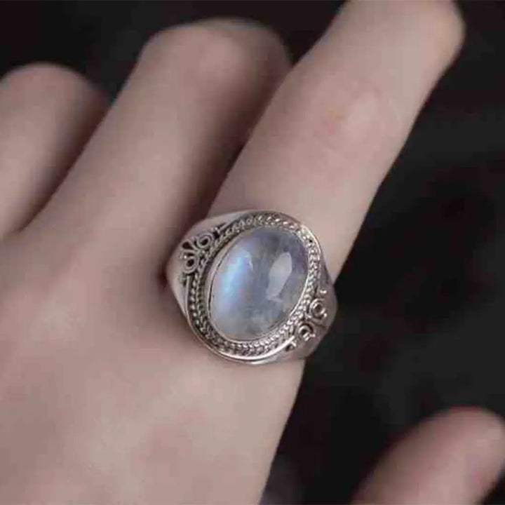 Buddha Stones 925 Sterling Silver Handmade Natural Moonstone Healing Adjustable Ring - Style Two US5-US15(Adjustable)