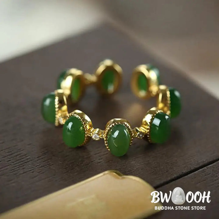 Buddha Stones 925 Sterling Silver Hetian Cyan Jade Beads Healing Adjustable Ring - US5-US7(Adjustable) - Ring