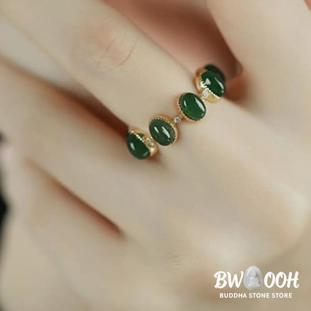 Buddha Stones 925 Sterling Silver Hetian Cyan Jade Beads Healing Adjustable Ring - US5-US7(Adjustable) - Ring