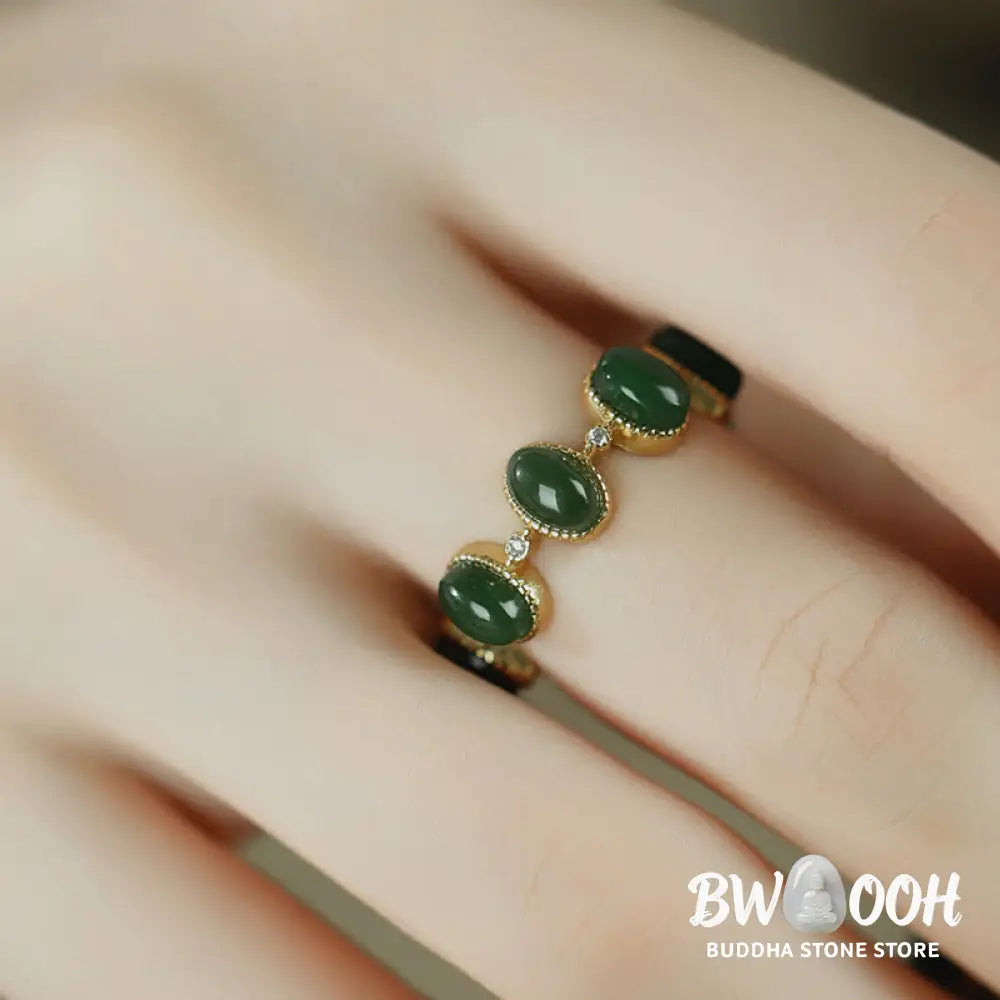 Buddha Stones 925 Sterling Silver Hetian Cyan Jade Beads Healing Adjustable Ring - US5-US7(Adjustable) - Ring