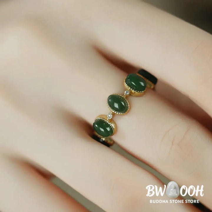 Buddha Stones 925 Sterling Silver Hetian Cyan Jade Beads Healing Adjustable Ring - US5-US7(Adjustable) - Ring