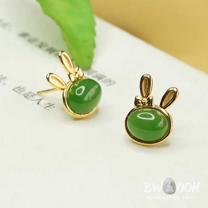 Buddha Stones 925 Sterling Silver Hetian Cyan Jade Cute Rabbit Luck Stud Earrings - Hetian Cyan Jade(Success♥Healing)