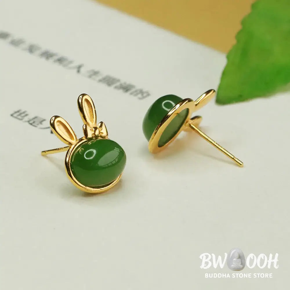 Buddha Stones 925 Sterling Silver Hetian Cyan Jade Cute Rabbit Luck Stud Earrings - Hetian Cyan Jade(Success♥Healing)