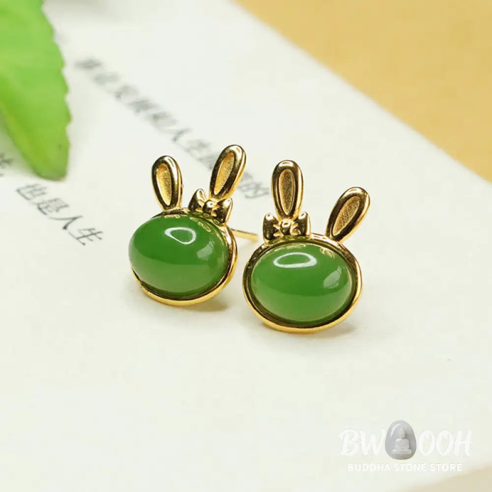 Buddha Stones 925 Sterling Silver Hetian Cyan Jade Cute Rabbit Luck Stud Earrings - Hetian Cyan Jade(Success♥Healing)