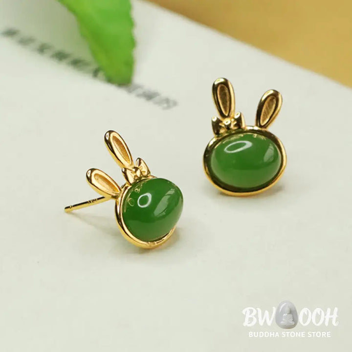 Buddha Stones 925 Sterling Silver Hetian Cyan Jade Cute Rabbit Luck Stud Earrings - Hetian Cyan Jade(Success♥Healing)