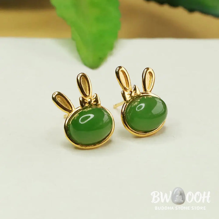Buddha Stones 925 Sterling Silver Hetian Cyan Jade Cute Rabbit Luck Stud Earrings - Hetian Cyan Jade(Success♥Healing)