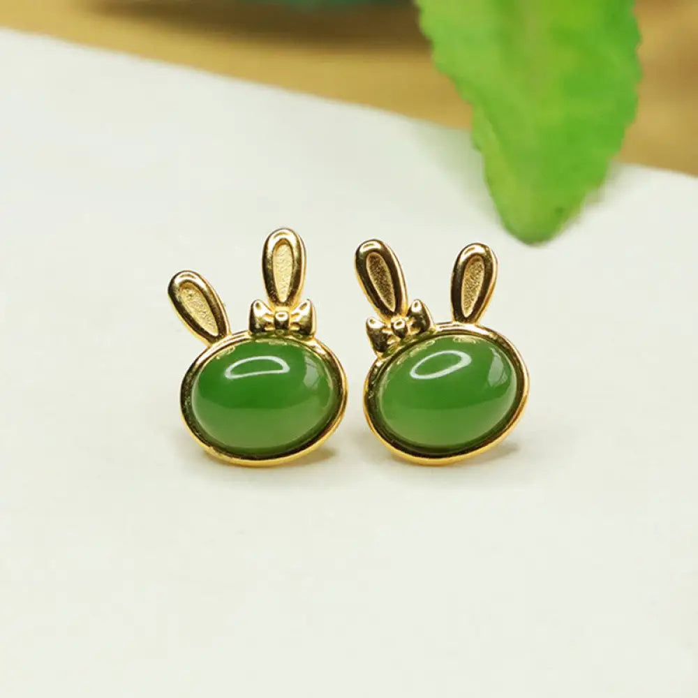 BWOOOH 925 Sterling Silver Hetian Cyan Jade Cute Rabbit Luck Stud Earrings — Sterling Silver jade bracelet for spiritual h...