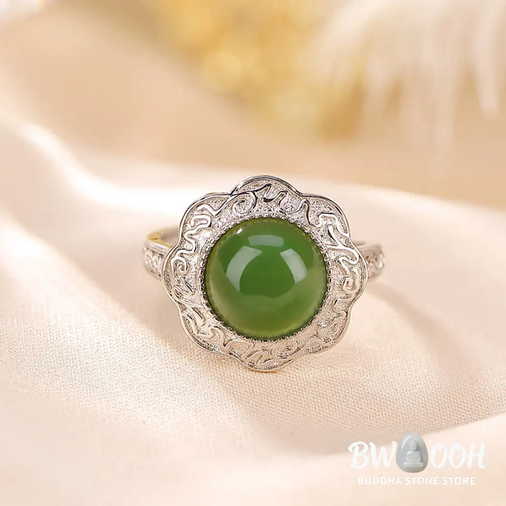 Buddha Stones 925 Sterling Silver Hetian Cyan Jade Flower Design Luck Adjustable Ring - BWOOOH - Hetian Cyan