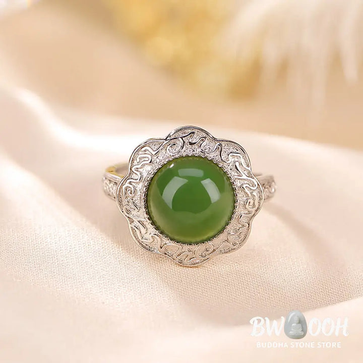 Buddha Stones 925 Sterling Silver Hetian Cyan Jade Flower Design Luck Adjustable Ring - BWOOOH - Hetian Cyan