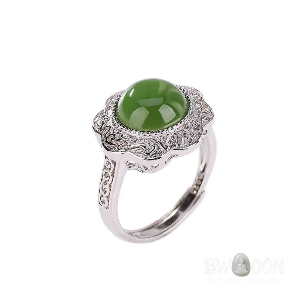 Buddha Stones 925 Sterling Silver Hetian Cyan Jade Flower Design Luck Adjustable Ring - BWOOOH - Hetian Cyan