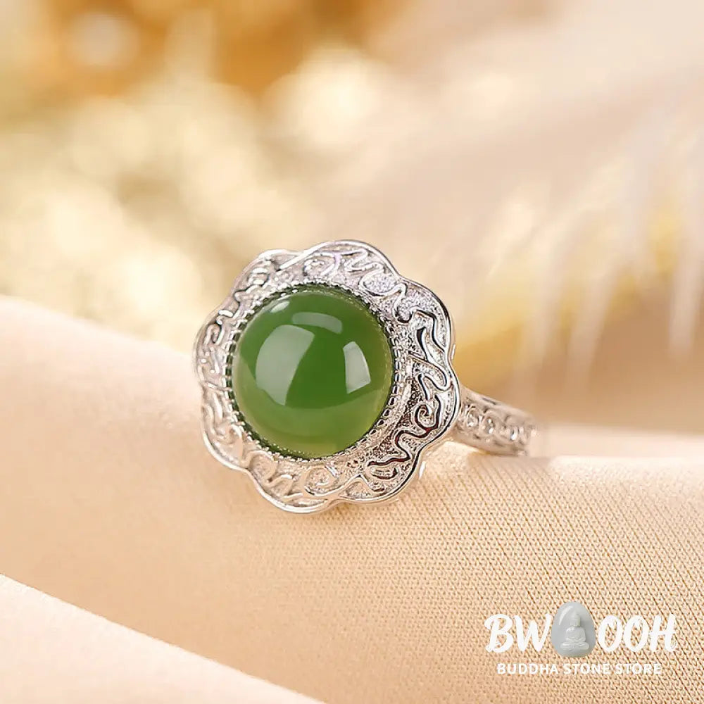 Buddha Stones 925 Sterling Silver Hetian Cyan Jade Flower Design Luck Adjustable Ring - BWOOOH - Hetian Cyan