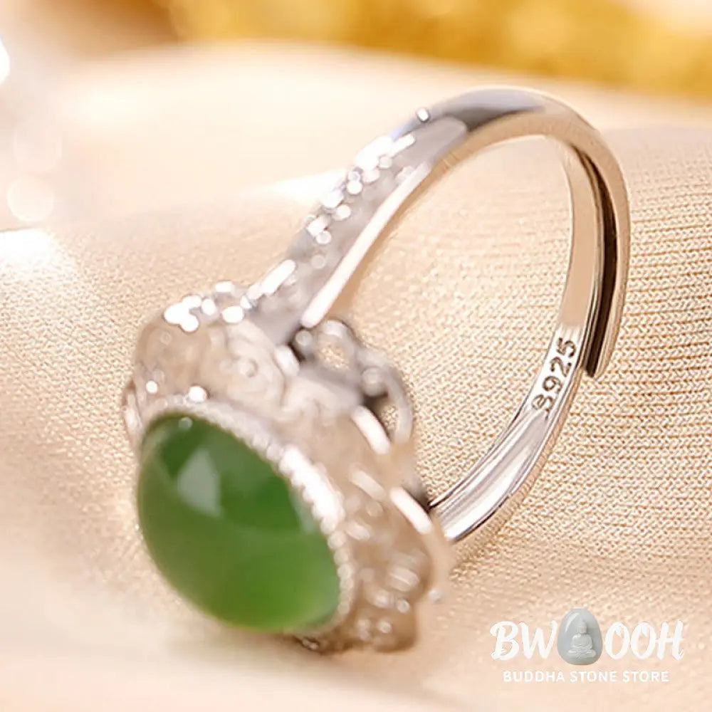 Buddha Stones 925 Sterling Silver Hetian Cyan Jade Flower Design Luck Adjustable Ring - BWOOOH - Hetian Cyan