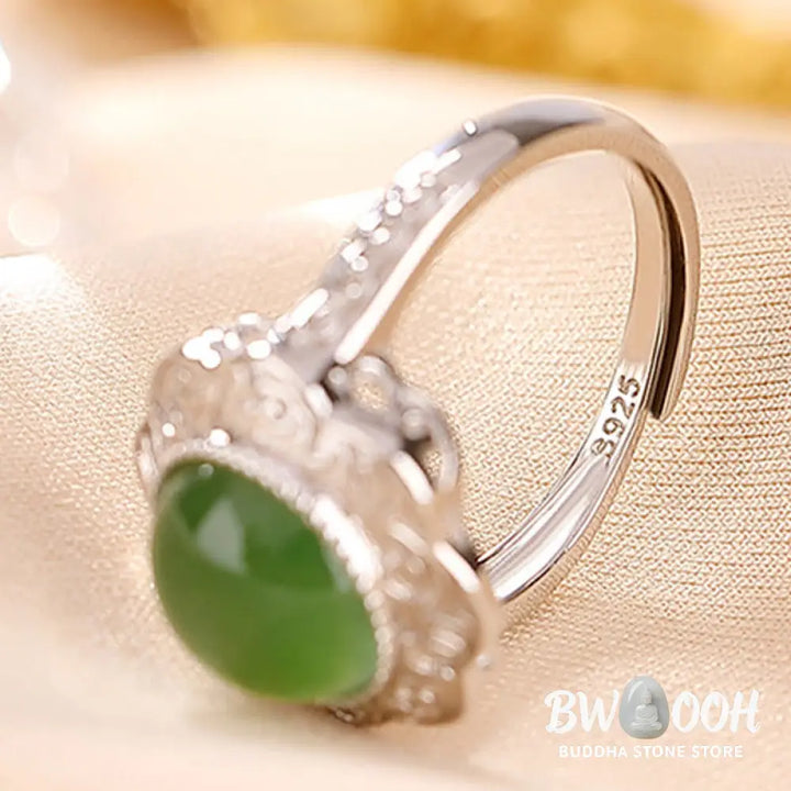Buddha Stones 925 Sterling Silver Hetian Cyan Jade Flower Design Luck Adjustable Ring - BWOOOH - Hetian Cyan