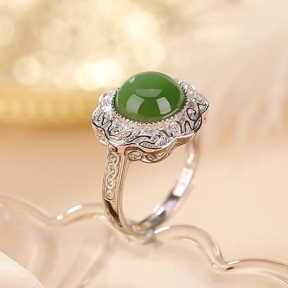 BWOOOH 925 Sterling Silver Hetian Cyan Jade Flower Design Luck Adjustable Ring — Sterling Silver jade bracelet for spiritu...