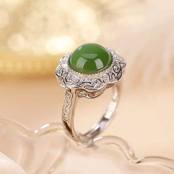 BWOOOH 925 Sterling Silver Hetian Cyan Jade Flower Design Luck Adjustable Ring — Sterling Silver jade bracelet for spiritu...