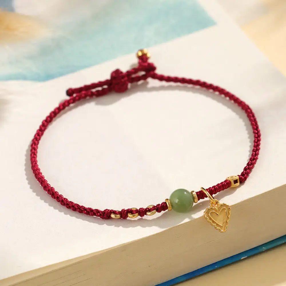 Buddha Stones 925 Sterling Silver Hetian Jade Bead Copper Coin Love Heart Charm Luck Bracelet - BWOOOH - Dark Red