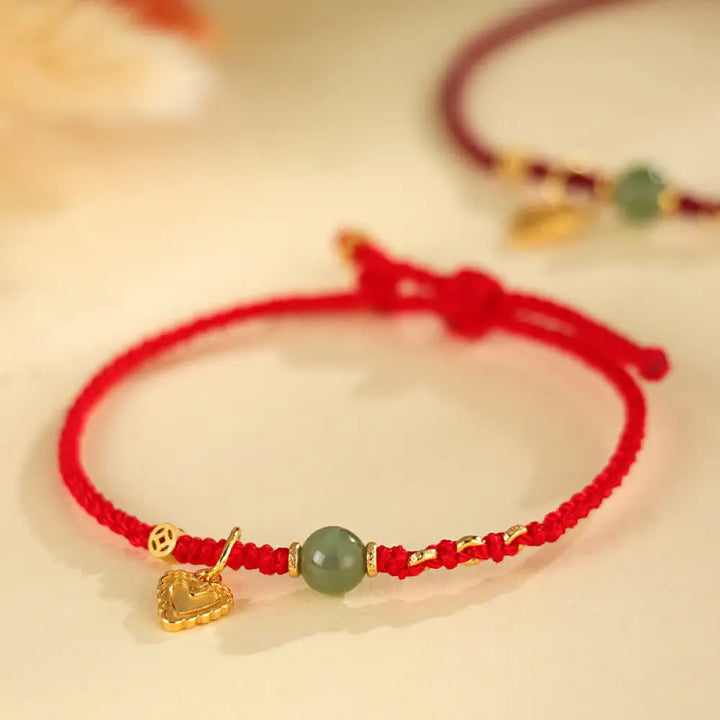 BWOOOH 925 Sterling Silver Hetian Jade Bead Copper Coin Love Heart Charm Luck Bracelet - BWOOOH - Red Rope(Wrist