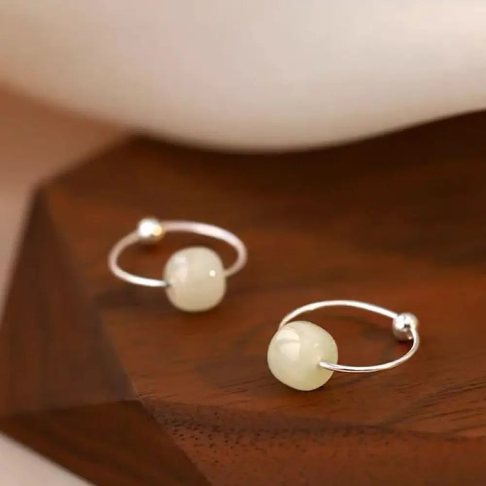 Buddha Stones 925 Sterling Silver Hetian Jade Bead Luck Earrings - White Jade (925 Sterling Silver Posts) - Earrings