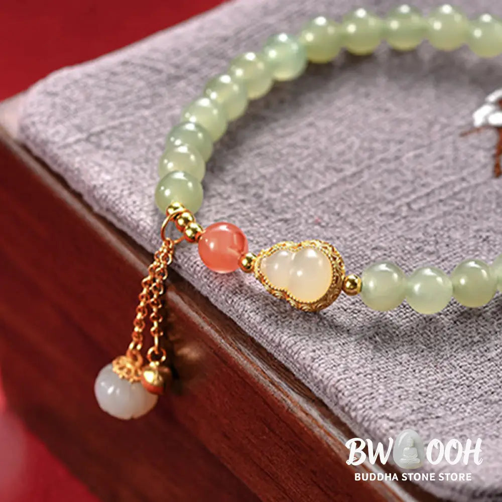 Buddha Stones 925 Sterling Silver Hetian Jade Gourd Lotus Abundance Luck Bracelet - BWOOOH - Hetian