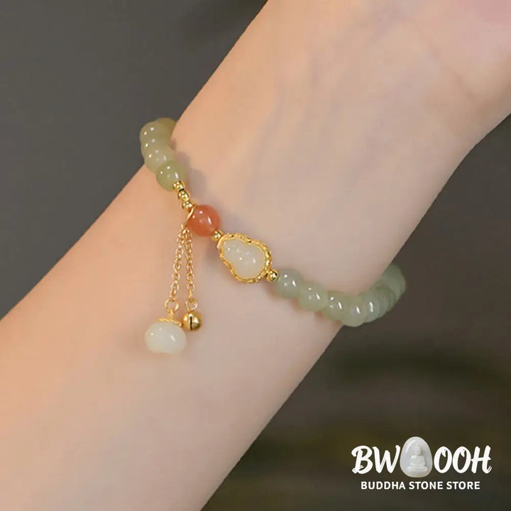 Buddha Stones 925 Sterling Silver Hetian Jade Gourd Lotus Abundance Luck Bracelet - BWOOOH - Hetian