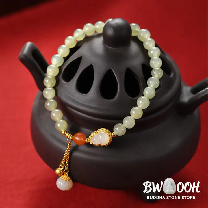 Buddha Stones 925 Sterling Silver Hetian Jade Gourd Lotus Abundance Luck Bracelet - BWOOOH - Hetian
