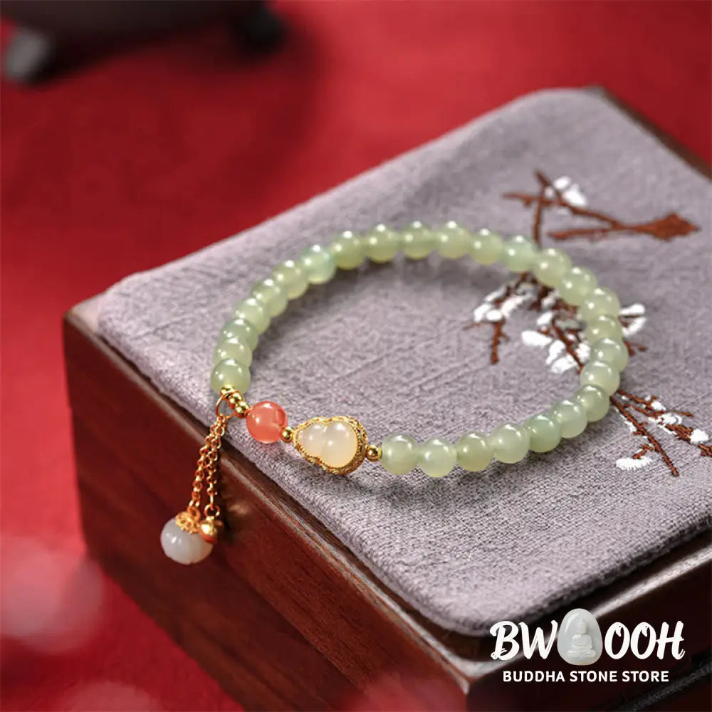 Buddha Stones 925 Sterling Silver Hetian Jade Gourd Lotus Abundance Luck Bracelet - BWOOOH - Hetian