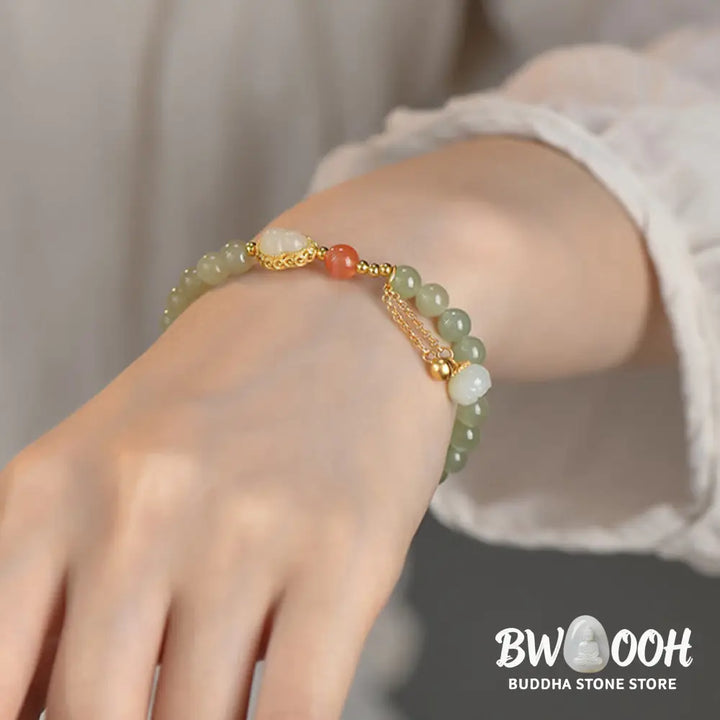 Buddha Stones 925 Sterling Silver Hetian Jade Gourd Lotus Abundance Luck Bracelet - BWOOOH - Hetian